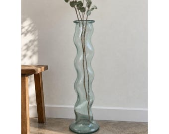 Vintage Wavy Glass Floor Vase SVE Italy Aqua Green 22.5" Sculptural Modernist
