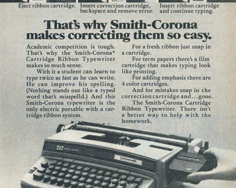 1975 Vintage Smith-Corona Typewriter Ad // Cartridge Ribbon & Correction Cartridge // Retro Office Print Advertisement