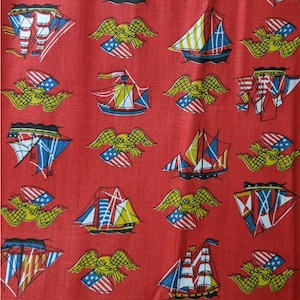 Vintage Mid-Century Patriotic Americana Novelty Print Cotton Fabric Nautical Naval Eagle Flags