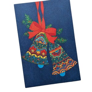 Vintage jaren 70 Hallmark kerstkaart Leuke retro klokken grenen strik ontwerp blauw ONGEBRUIKT