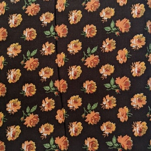 Vintage Mid-Century Floral Fabric Orange Rose Print Brown Background 44&quot; BTY