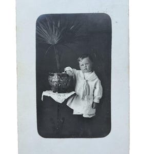 Cartão postal antigo RPPC, menino posando com planta em vaso, palmeira, c. 1909