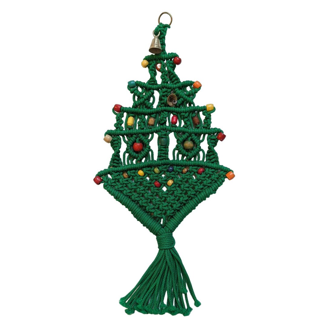 Vintage Macramé Christmas Tree Wall Hanging Decoration Bells Colorful ...