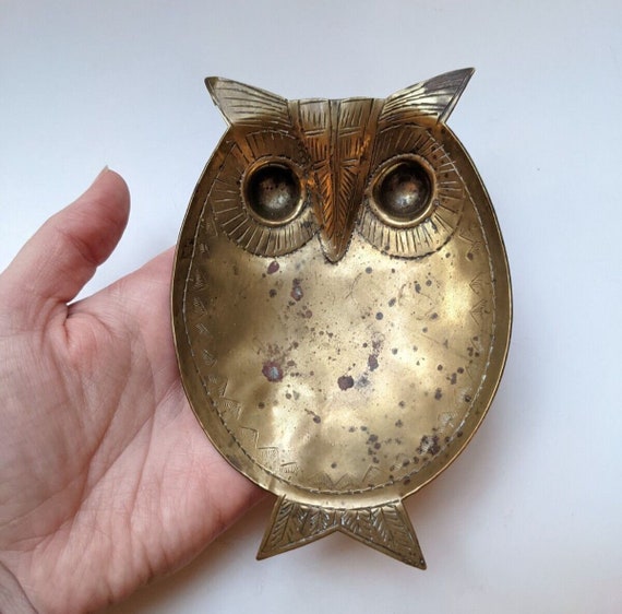 Vintage Etched Brass Owl Trinket Coin Dish Ashtra… - image 2