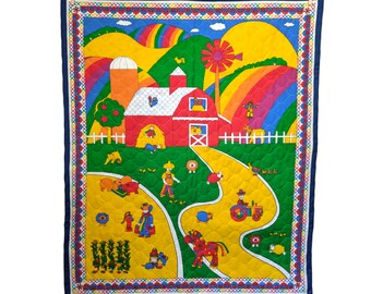 Vintage Rainbow Farm Crib Quilt – 1970s 80s Baby Nursery Wall Hanging with Barn & Animals