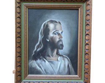 Vintage Head of Christ Replica Art, Reproduction Oil Painting in Carved Frame, 17" by 20"