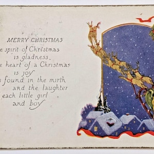 Ancienne carte postale de Noël des années 1920, style Art déco, Père Noël volant en traîneau, renne L9