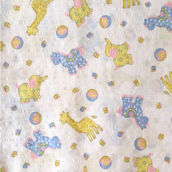 Vintage 80's Nursery Print Fabric Seersucker Plisse Cotton Woven, Unisex Baby Elephants Giraffes Horses Blocks and Balls