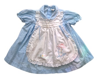 Vintage Girl's Pinafore Apron Dress, Light Blue White Polka Dot Hearts, Lace Trim, Embroidered Rabbit Detail, Sz 18 Months