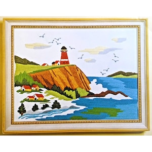 Vintage 1970s Coastal Lighthouse Seascape Crewel Embroidery Kit Unworked 12x9"