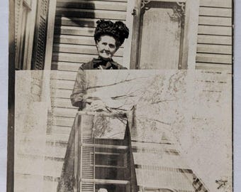 Antique RPPC Postcard Double Exposure Ghostly Woman Porch House Edwardian Dress c1900s AZO
