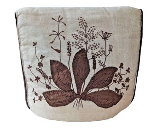 Vintage Tea Cozy Embroidered Hand Stitched Wild Flowers Design Brown & Linen