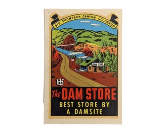 Pegatina vintage de recuerdo de The Dam Store, Colorado, Big Thompson Canyon, US 34