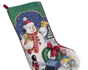 Vintage Wool Needlepoint Snowman Stocking Red Velvet Back Toys Wreath Christmas