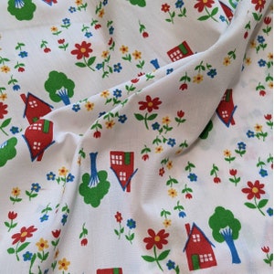 Vintage 60&#39;s 70&#39;s Children&#39;s Novelty Print Cotton Fabric, Cute House Trees & Flowers, 44&quot; BTY