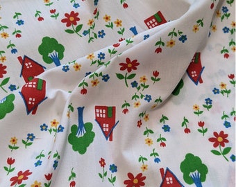 Vintage 60's 70's Children's Novelty Print Cotton Fabric, Cute House Trees & Flowers, 44" BTY