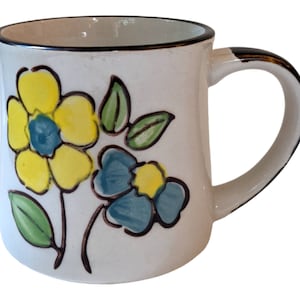 Vintage Mid-Century Stoneware Mug // Hand Painted Floral Blue Yellow Brown // Boho Coffee Cup // 1960s Kitchen Decor // Cottagecore