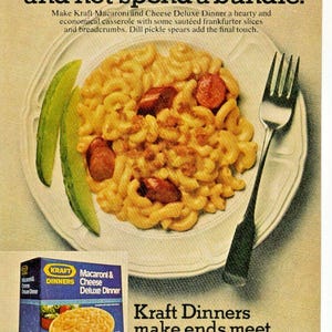 1975 Vintage Kraft Dinners Ad // Macaroni & Cheese with Hot Dogs and Pickles // Retro Food Magazine Print Advertisement
