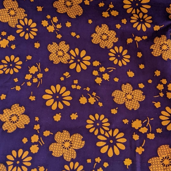 Vintage 60's 70s FLOWER POWER Fabric, Funky Orange & Purple Floral Print 44" BTY