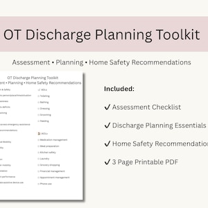 Puede incluir: Un documento digital OT Discharge Planning Toolkit que incluye una lista de verificación de evaluación, guía de planificación y recomendaciones de seguridad en el hogar. El texto contiene secciones sobre cognición, seguridad, ADLs, movilidad y IADLs en PDF.
