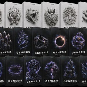 May include: A collection of rectangular software boxes featuring white covers with grey embossed-style illustrations and black covers with purple-toned graphic designs, all labeled Genesis, alongside a black electronic keyboard controller.
