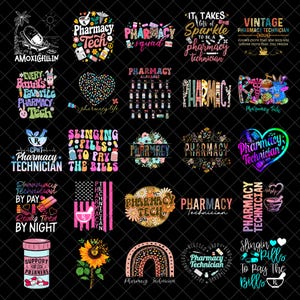 Peut inclure: Plusieurs motifs sur le thème de la pharmacie, aux couleurs vives, sur fond noir. Les motifs comprennent des textes tels que "Pharmacy Tech", "Pharmacy Squad" et "Slinging Pills to Pay the Bills". Divers graphiques et illustrations sont également présents.
