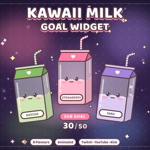 May include: A digital graphic titled KAWAII MILK GOAL WIDGET featuring three milk cartons in green, pink, and purple with cute faces, straws, and labels for Matcha, Strawberry, and Taro. Below, a SUB GOAL tracker displays 30/50 with platform icons.