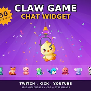 May include: A digital claw game chat widget graphic on a purple background with the text CLAW GAME CHAT WIDGET and 50 SOFT TOYS. A mechanical claw holds a yellow chick, surrounded by colorful confetti, with eight small animal icons below.