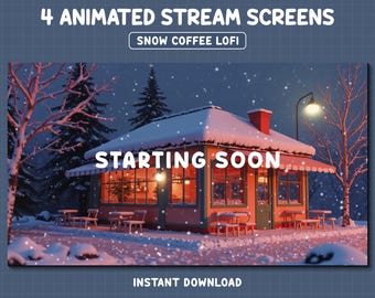 Schnee Kaffee Twitch Overlay Pack, Animierte Lofi Winter Bildschirme, Gemütlicher Stream Overlay