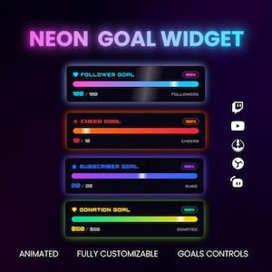Puede incluir: Un conjunto de widgets de objetivos de neón digitales con cuatro barras de progreso etiquetadas como Follower Goal, Cheer Goal, Subscriber Goal y Donation Goal. Cada barra muestra porcentajes y totales en colores neón rosa, naranja, morado y verde.