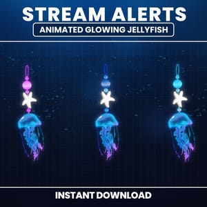 Peut inclure: Alertes de flux de méduses animées et lumineuses. L'image montre trois méduses avec des effets lumineux bleus et violets. Chaque méduse a une étoile de mer et des perles décoratives au-dessus. Le texte "STREAM ALERTS" et "INSTANT DOWNLOAD" sont également visibles.