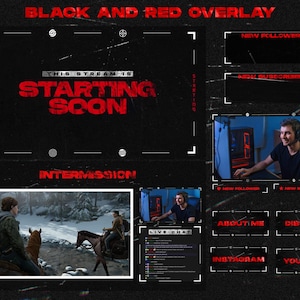 May include: Black and red overlay design for streaming. The text "THIS STREAM IS STARTING SOON" is in red. Includes sections for new followers, subscribers, live chat, and social media links. Features a gamer with a headset.