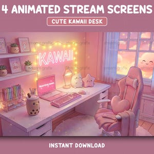 May include: An animated digital illustration of a cute kawaii desk setup. The desk is pink and has a laptop, keyboard, and a boba drink. The background features a window with a smiling sun and a pink gaming chair.