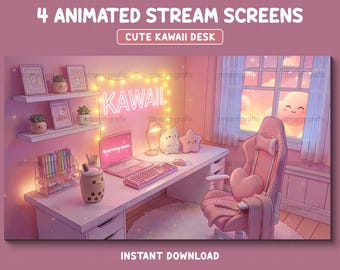 Cute Kawaii Twitch Screen, Cozy Animated Screens, Pink Kawaii Room Twitch Overlay, Plants, Stars