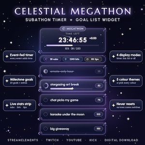 May include: A digital Celestial Megathon subathon timer and goal list widget with a dark purple starry background. The interface displays a countdown timer, progress bar, and goal list with items like stargazing art break and karaoke under the moon.