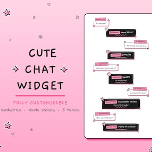Op de afbeelding: Een digitale chat-widget overlay set met zwarte rechthoekige berichtvensters met roze randen en accenten. Het ontwerp bevat verschillende gebruikersnamen en chattekst, versierd met kleine iconen zoals hartjes, sterretjes en kersen op een roze achtergrond.