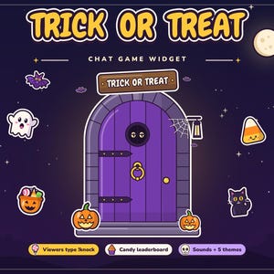 Może przedstawiać: Cyfrowy widżet do gry na czacie zatytułowany TRICK OR TREAT, przedstawiający fioletowe łukowe drzwi ze złotą kołatką, otoczone ikonami Halloween, w tym duchem, czarnym kotem, cukierkami kukurydzianymi, dyniami i nietoperzem na nocnym niebie.