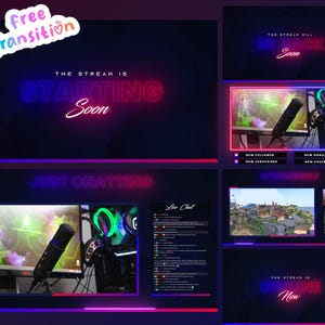 May include: A digital streaming overlay design with a dark blue and purple gradient background. The text includes "Free Transition", "The Stream Is Starting Soon", "Just Chatting", "The Stream Will Be Back Soon", and "The Stream Is Online Now".