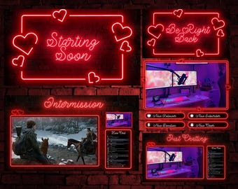 Overlay animado neón de San Valentín, overlay de corazones rojos brillantes para Twitch, paquete de stream adorable