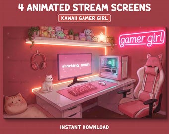 Cute Kawaii Pink Twitch Overlay, Gamer Girl Animated Stream Overlay, Anime Twitch Overlay, Cat, Cozy