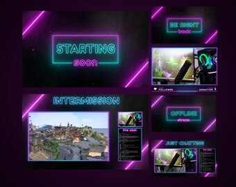 May include: A digital streaming overlay set with a dark background and neon purple and teal accents. The set includes screens for "Starting Soon," "Intermission," "Be Right Back," and "Offline." Additional screens show live chat and a game.