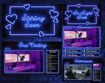 Superposición de transmisión animada de neón de San Valentín, paquete de Twitch de corazones azules