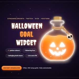 May include: A digital Halloween goal widget graphic featuring a glowing orange potion bottle with a jack-o'-lantern face, a cork stopper, and a small skull charm tied with rope. Text includes "HALLOWEEN GOAL WIDGET", "STREAMELEMENTS", "TWITCH", "KICK", "YOUTUBE".