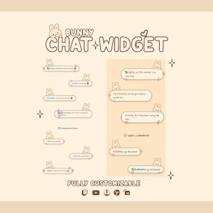 May include: A digital chat widget overlay featuring a bunny theme with brown text and outlines on a cream background. The design includes the text BUNNY CHAT WIDGET and FULLY CUSTOMIZABLE, along with various chat bubble examples and small icons for streaming platforms.