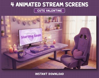 Pantalla de Twitch de San Valentín morado, pantallas de transmisión animadas y acogedoras, superposición kawaii para Twitch, plantas y corazones.