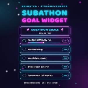 May include: An animated StreamElements subathon goal widget with neon blue and pink text on a dark background. It displays a progress bar at 25% and a list of goals including hardest difficulty run, karaoke song, special giveaway, 24h stream extend, and face reveal.