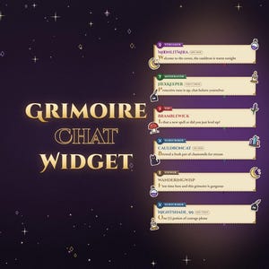 May include: A Grimoire Chat Widget graphic on a dark purple starry background. The text reads Grimoire Chat Widget next to six beige chat boxes featuring usernames like Moonlitmira, Hexkeeper, Bramblewick, Cauldroncat, Wanderingwisp, and Nightshade_99.