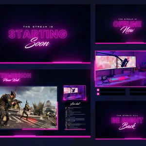Könnte beinhalten: Ein Set von Streaming-Overlay-Grafiken mit einem dunkelblauen und pinkfarbenen Neon-Thema. Die Grafiken enthalten Texte wie "Starting Soon", "Offline Now", "Intermission" und "Be Right Back". Enthält auch ein Live-Chat-Fenster und ein Gaming-Setup.