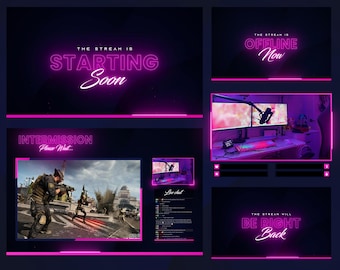 Paquete de streaming animado en rosa neón, superposición minimalista y pantallas sencillas de Twitch.