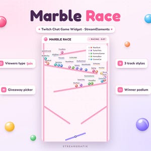 May include: A digital Marble Race Twitch chat game widget interface featuring a pink track with colorful marble icons, a leaderboard, and text labels including Viewers type !join, Giveaway picker, 3 track styles, and Winner podium.